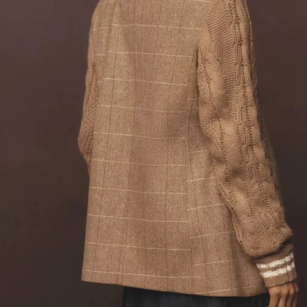 Avec Les Filles Tan Plaid Blazer with Cable Knit Sleeves - Picture 3 of 6